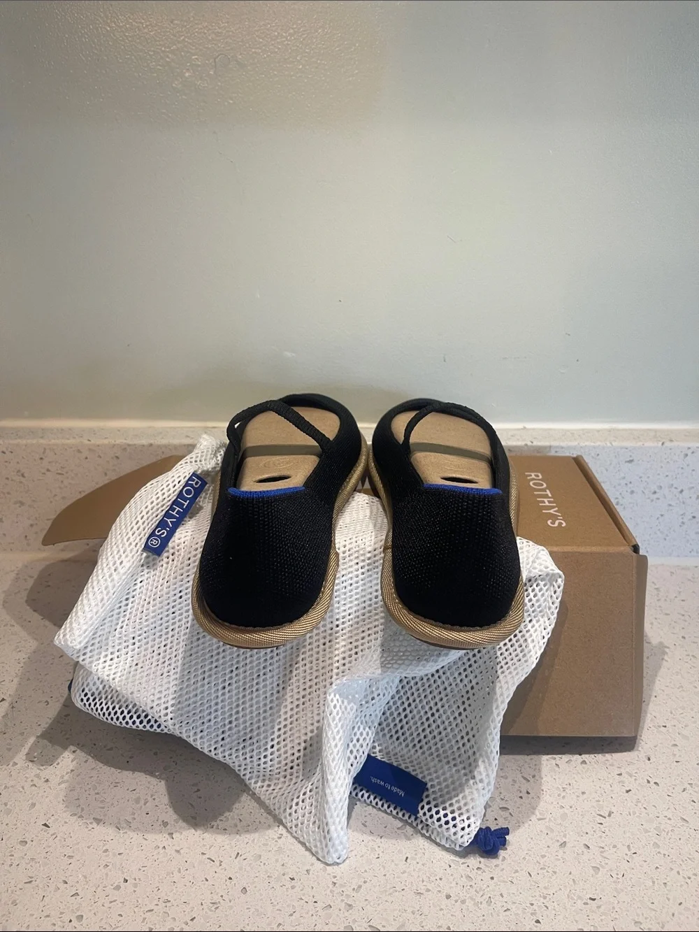Rothy's Black Knit Mary Jane Flats with Blue Trim